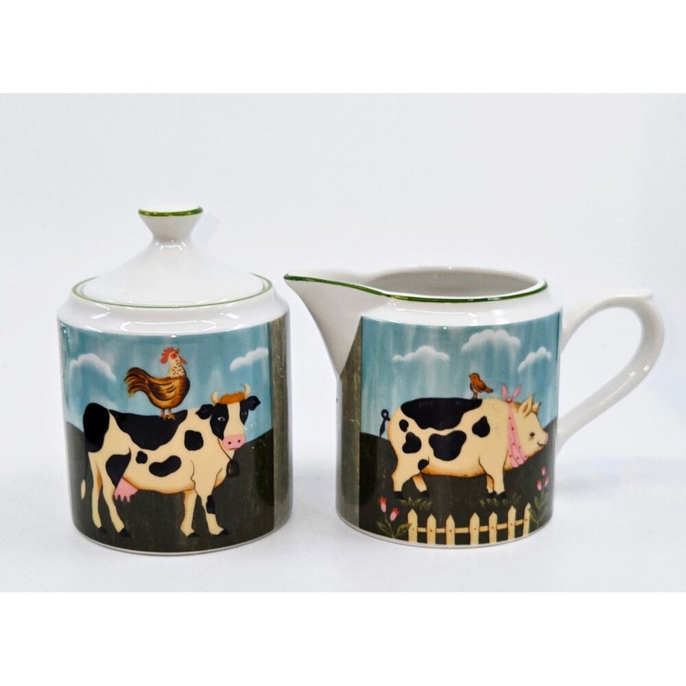 Vintage Ceramic Creamer & Sugar Set With Farm Animal pig, cow chickens